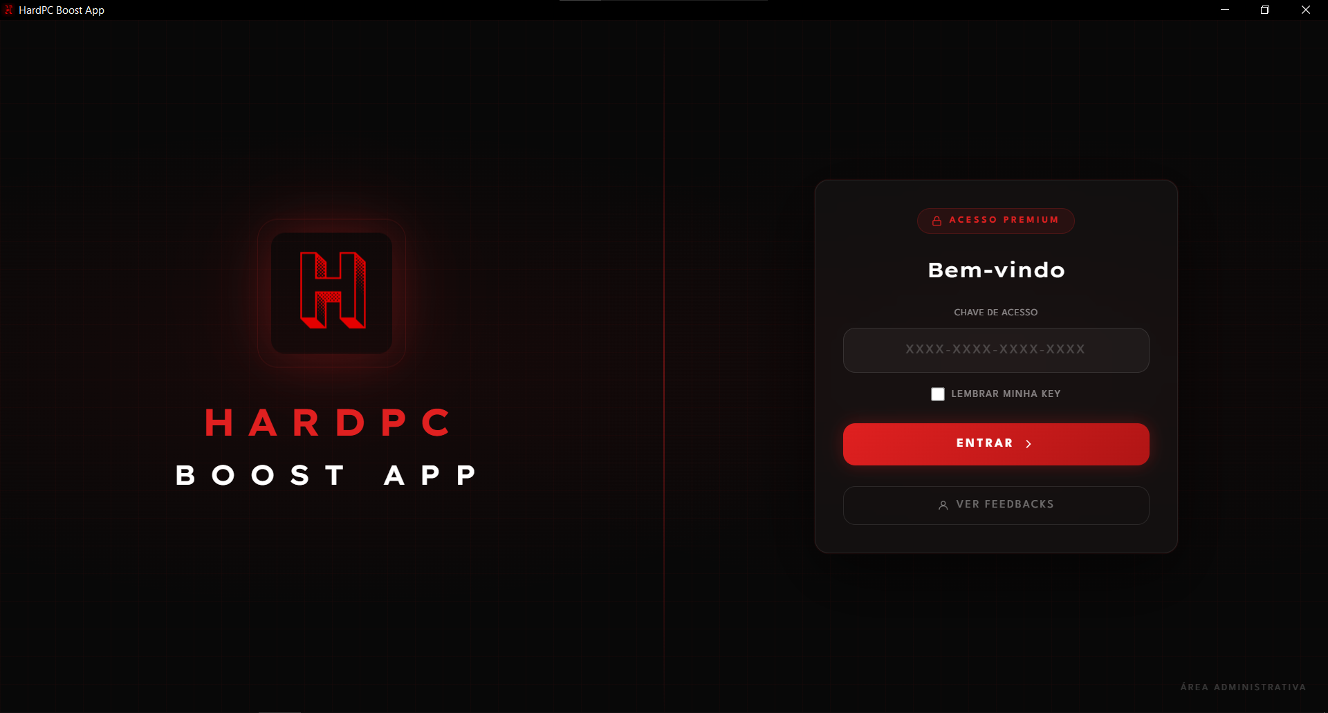 Tela de login do HardPC Boost App